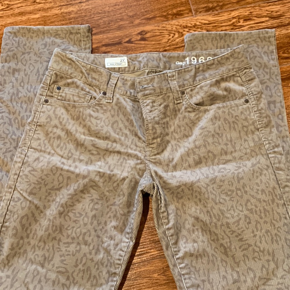 Gap 1969 Animal Print Corduroy Pants 27 real straight jeans NWOT tan & brown gap